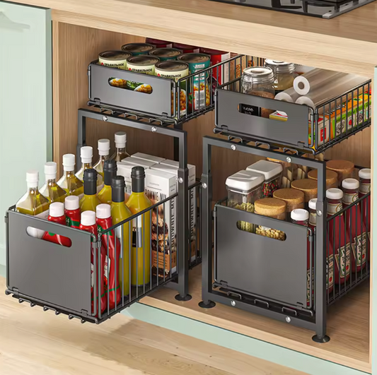 Uittrekbaar Opbergrek met 2 Lagen – Verstelbare Organizer voor Keuken & Badkamer, Zwart