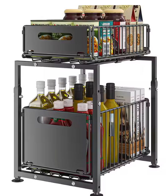 Uittrekbaar Opbergrek met 2 Lagen – Verstelbare Organizer voor Keuken & Badkamer, Zwart