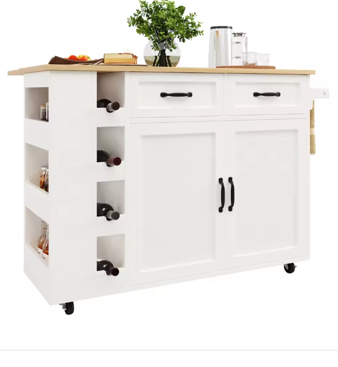 SUKY Multifunctioneel keukeneiland, zwarte uittrekbare eettafel, wit