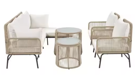 6-delige Tuinloungeset – Gevlochten Touw & IJzeren Frame, Inclusief Kussens