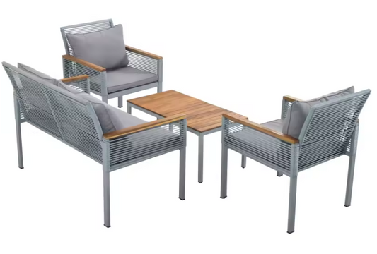 4-delige Tuinloungeset – Grijs Rotan, Tafel & Kussens Inclusief