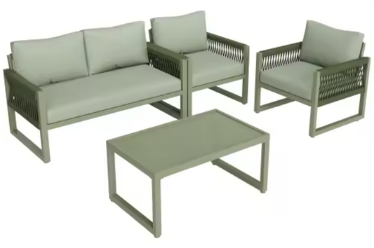 4-delige Tuinloungeset – Touwdesign & Glazen Tafel, Inclusief Kussens