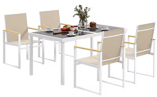 5-delige Tuinset – Tafel met Gehard Glas & 4 Comfortabele Stoelen