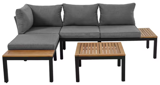 5-persoons Tuinlounge Set – Polyrattan Bank & Tafel met Houtlook