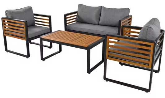 4-delige Tuinloungeset met Acaciahout – Ijzeren Frame & Kussens