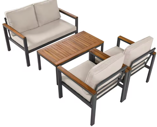 4-delige Tuinlounge Set – Bank, Fauteuils & Tafel met Acaciahout