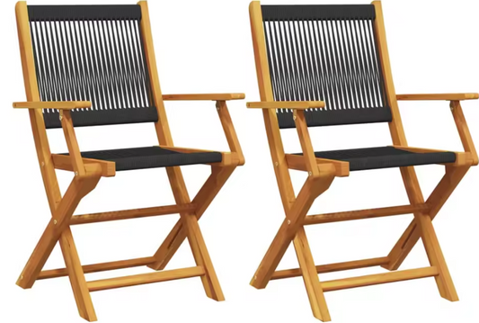 Set van 2 Opvouwbare Tuinstoelen – Zwart Acaciahout & Polypropyleen