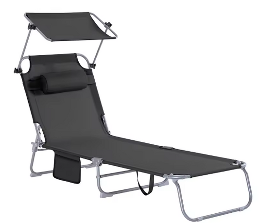 Opvouwbare Tuinligstoel met Zonneklep – Verstelbare Relaxstoel met Zijtas, Zwart