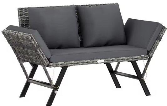 3-Zits Polyrattan Tuinbank met Verstelbare Armleuningen – Inclusief Weerbestendig Kussen, Omvormbaar tot Ligstoel, 176 cm Breed