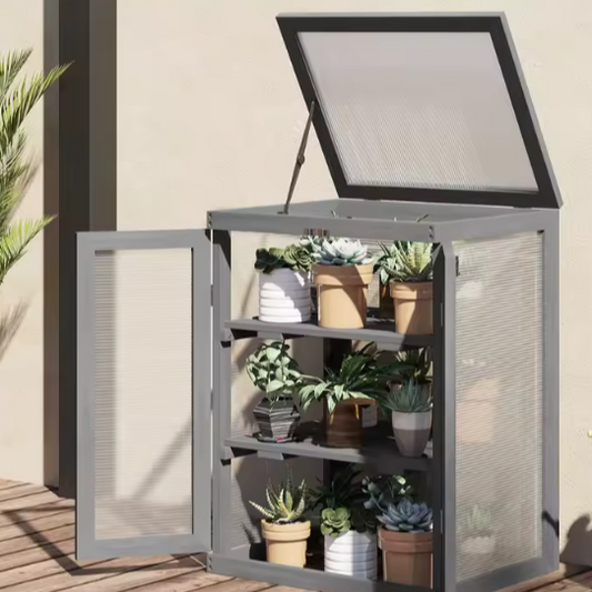3-Laags Houten Kweekkas – Donkergrijs, Met Vouwdak & Dubbele Deuren, 58 x 44 x 78 cm