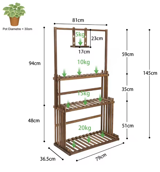 Houten Plantenstandaard met Hanggedeelte – 3 Lagen & Ophangstang, Voor Binnen en Buiten