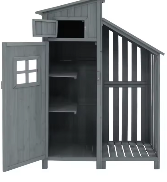 Houten Tuinkast met Dubbele Deuren – 2 Compartimenten, PVC-Dak & Waterdicht Design, 124×46×174 cm, Grijs