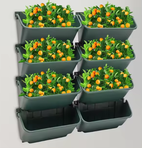 Set van 8 Verticale Wandplantenbakken – Groen, Met Afvoergaten & Stapelbaar voor Binnen en Buiten