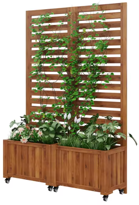 Houten Buitenplanter met Traliewerk – 2 Ruime Plantenbakken & Wielen, Ideaal voor Klimplanten