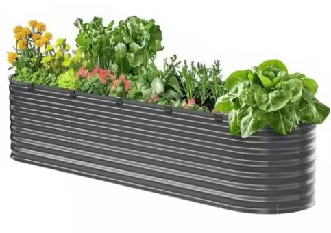 Verhoogde Metalen Tuinbak – Gegalvaniseerde Ovale Plantenbak met Open Bodem & Versteviging, 240×60×56 cm