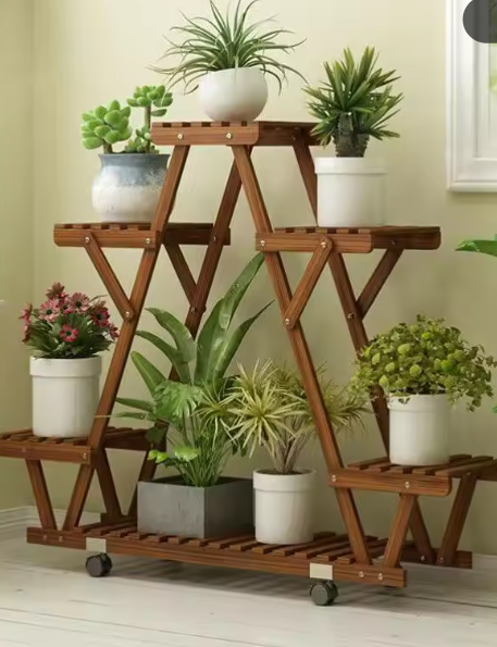 Houten Plantenstandaard met 6 Niveaus en Wielen – Gecarboniseerd Grenenhout, 91×25×81 cm, Voor Binnen & Buiten