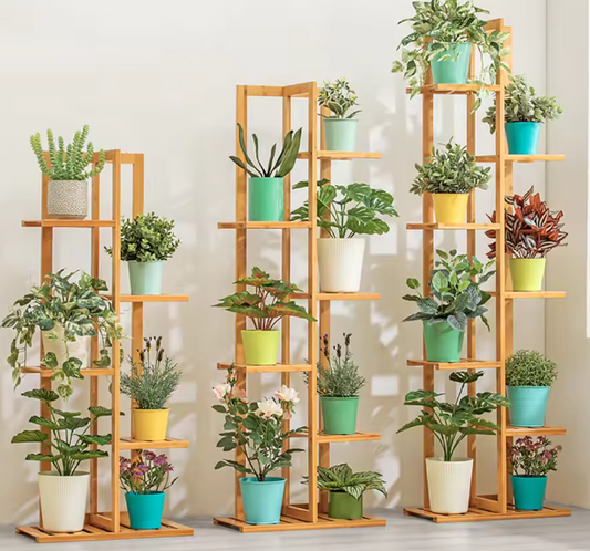 Bamboe Plantenstandaard met 5 of 6 Lagen – Meerlaagse Bloemenplank voor Binnen & Buiten, Natuurlijk Hout