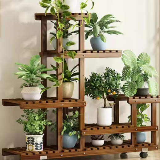 6-laags Houten Plantenstandaard op Wielen – Verticale Bonsaiplank voor Binnen & Buiten