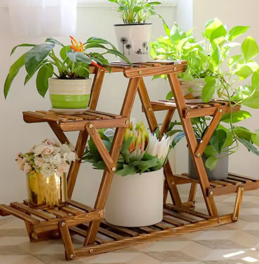 6-laags Plantenstandaard van Hout & Metaal – Compact Hoekrek voor Binnen & Buiten