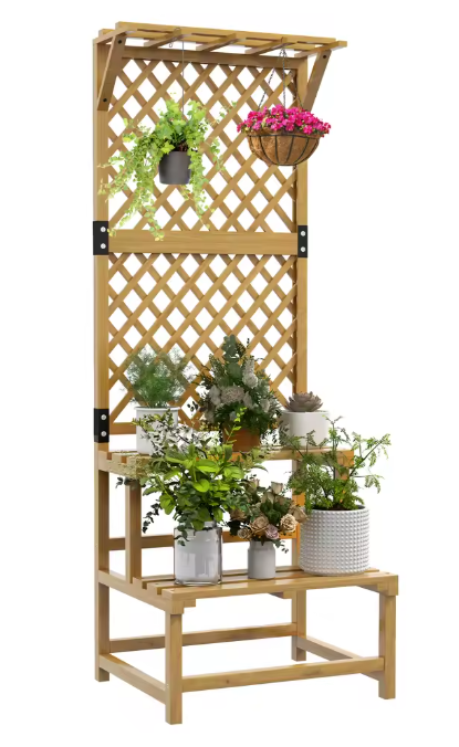 Houten Plantenstandaard met Trellis & Dak – 2 Niveaus, 166 cm Hoog