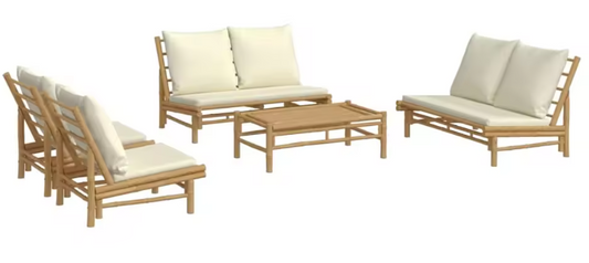 Garden Loungeset met Crèmewit Bamboe Kussen – Modulaire Buitenbankset met Salontafel voor Tuin, Terras en Balkon