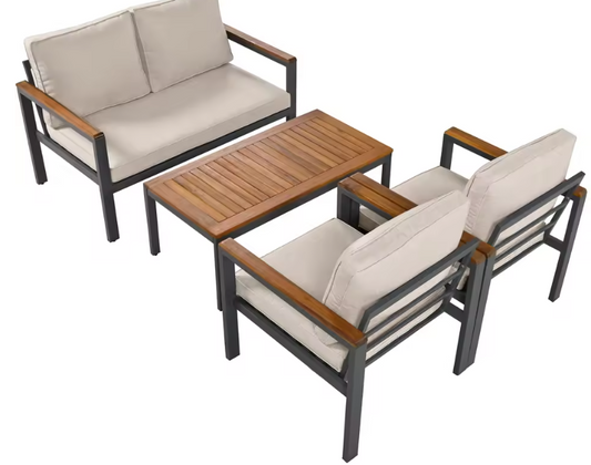 5-delige Sectionele Tuinmeubelset – 3-zits Bank, 2 Fauteuils en 1 Salontafel met Kussens, Gegalvaniseerd Staal en Acaciahout