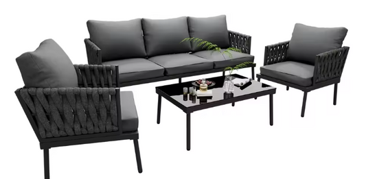 Tuinloungestoelset – 2 Fauteuils en Salontafel met Glazen Tafelblad, Touwarmleuningen, Gegalvaniseerd Staal en Kussens