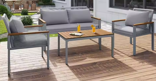 Lounge Set Balkonmeubilair – Tuinmeubelen Zitgroep met Comfortabele Kussens, Dubbele Fauteuils en Tafel, Set van 4