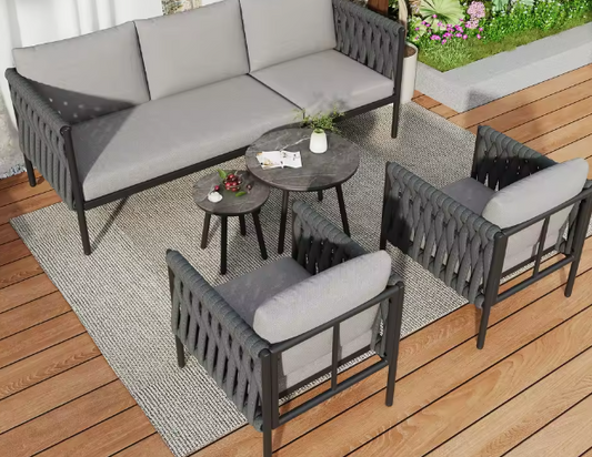 Tuinmeubelset met Comfortabele Kussens – 3-Zitsbank, 2 Fauteuils en 2 Salontafels met Marmeren Glazen Blad, Grijs