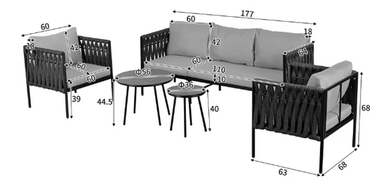Tuinmeubelset met Comfortabele Kussens – 3-Zitsbank, 2 Fauteuils en 2 Salontafels met Marmeren Glazen Blad, Grijs