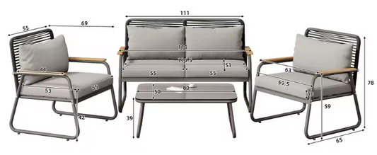 4-Persoons Tuinmeubelset met Tafel en Kussens – Gegalvaniseerd IJzeren Frame en Geharde Glazen Tafel