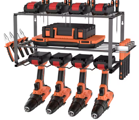 3-laags Opbergrek voor Elektrisch Gereedschap – Robuust Metaal Gereedschapsrek met 4 Boorhouders, 8 Schroevendraaierhouders en 1 Hamerhouder, Wandmontage, 68 kg Capaciteit