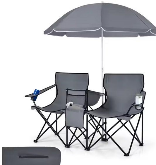 2-Zits Campingstoel met Parasol, Koeltas en Bekerhouder – Opvouwbare Visstoel met Draagtas