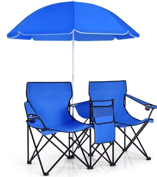 2-Zits Campingstoel met Parasol, Koeltas en Bekerhouder – Opvouwbare Visstoel met Draagtas