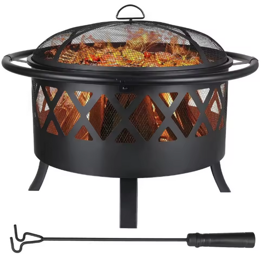 3-in-1 Vuurkom met Grillrooster en Vonkbescherming – Ø81 cm Tuinvuurplaats, BBQ-Verwarmer voor Buiten