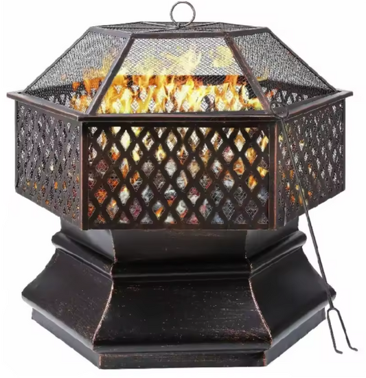 Zeshoekige Vuurplaats met Grillrooster en Vonkbescherming – Tuinvuurkorf voor BBQ, Verwarming en Buitenavonden