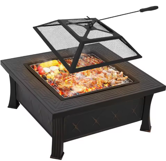 3-in-1 Metalen Vuurplaats met Vonkbescherming en Grillrooster – Multifunctionele Vuurkom voor Buiten, BBQ, Kamperen en Picknick