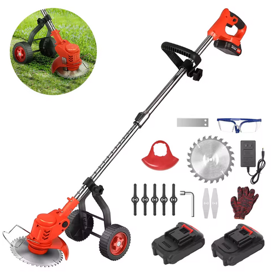 Draadloze Grasmaaier – Elektrische Telescopische Grastrimmer met 2 Batterijen, 650W, Met Wielen, 90° Verstelbare Kop en 3 Soorten Messen