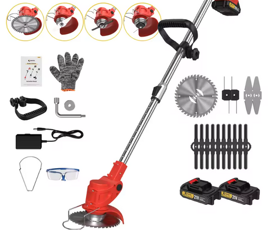 Draadloze Grastrimmer – Elektrische Grasmaaier met 2x2000mAh Batterijen, Telescopische Grasmaaier met 4 Messen en 90° Verstelbare Snijkop