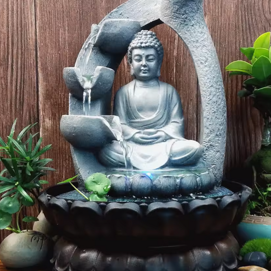 Boeddha Tafelfontein met LED-licht en Lotusbasis – Compacte Hars Binnenfontein voor Rust, Meditatie & Decoratie