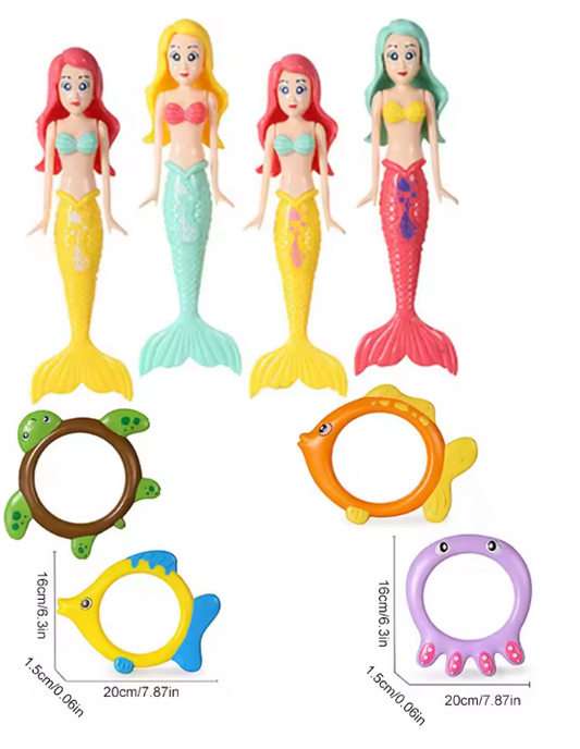 Set van 8 Zinkend Zwembad Duikspeelgoed – 4 Duikringen & 4 Zeemeerminnen, Kleurrijk Onderwater Speelgoed voor Kinderen