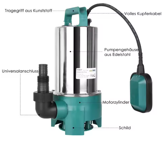 Dompelpomp 1100W – 16500 L/u, Voor Schoon- & Vuilwater met Automatische Vlotterschakelaar