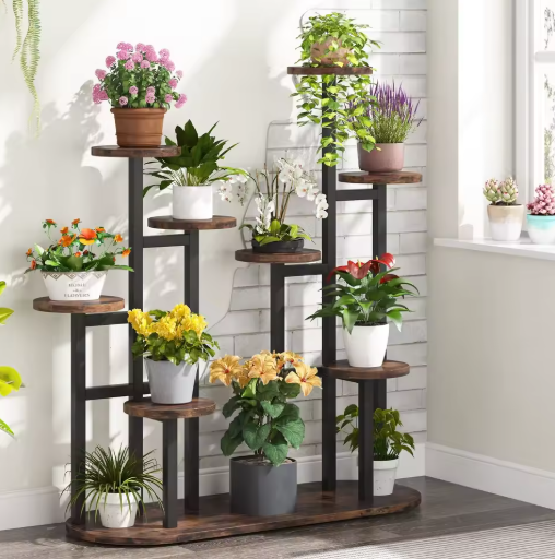 Houten Plantenstandaard met Hanggedeelte – 3 Lagen Bloemenrek voor Binnen & Buiten