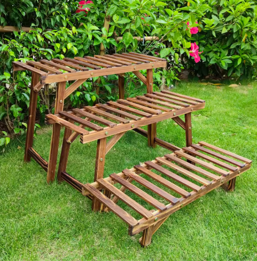 Set van 3 Houten Plantenstandaards – Laddervormig Displayrek, Grenenhout, Voor Binnen & Buiten