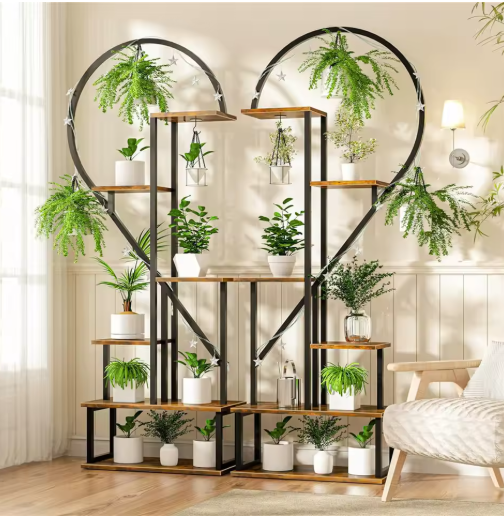 Set van 2 Halve Hartvormige Plantenstandaards – 6-Lagen Displayrek voor Binnen & Buiten, Metaal & Hout