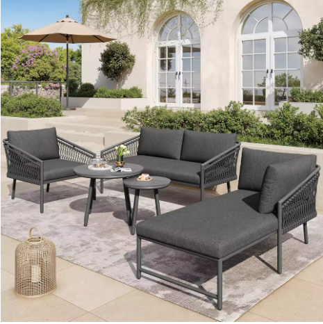 Tuinloungeset van Handgeweven Touw – 2-Zitsbank, Fauteuil, Stoel & 2 Tafels, Incl. Kussens