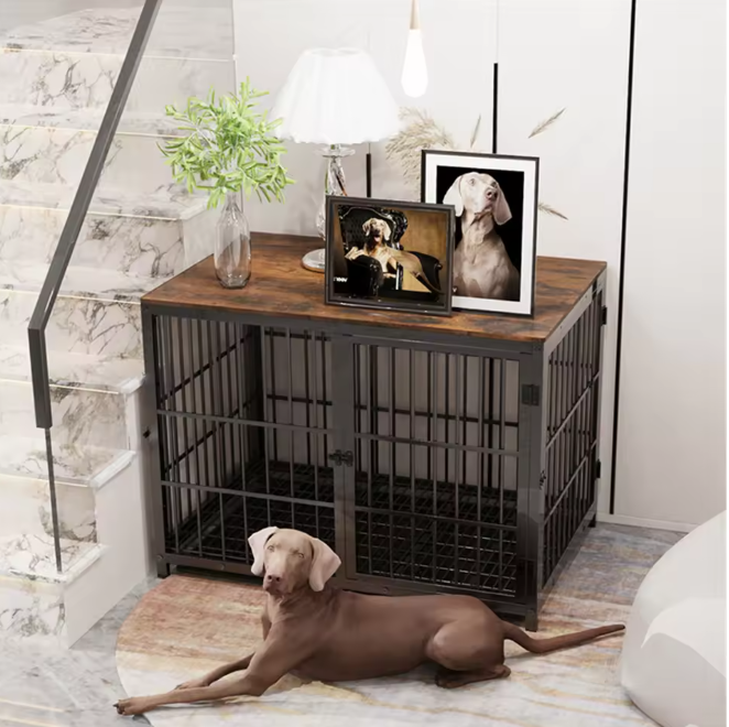 Borphom Houten hondenkooimeubelstuk van 83,0 cm, grote honden-binnenkennel, zwaar belastbare hondenkooi, (middel-)grote honden, met 2 deuren en uitschuifbare lade, bijzettafel, kauwbestendig, bruin