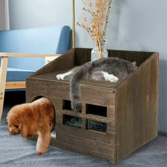 2-in-1 Houten Kattenhuis – Bijzettafel & Huisdierbed met Wasbaar Kussen