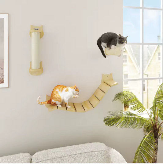 Kattenklimmuur 3-delig – Houten Klimset met Krabpaal, Ladder & Plateau