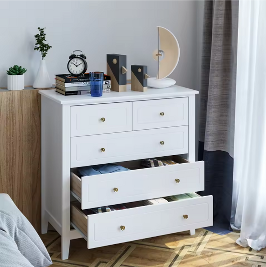 Ladekast met 5 Lades – Witte Houten Dressoir voor Slaap- & Woonkamer